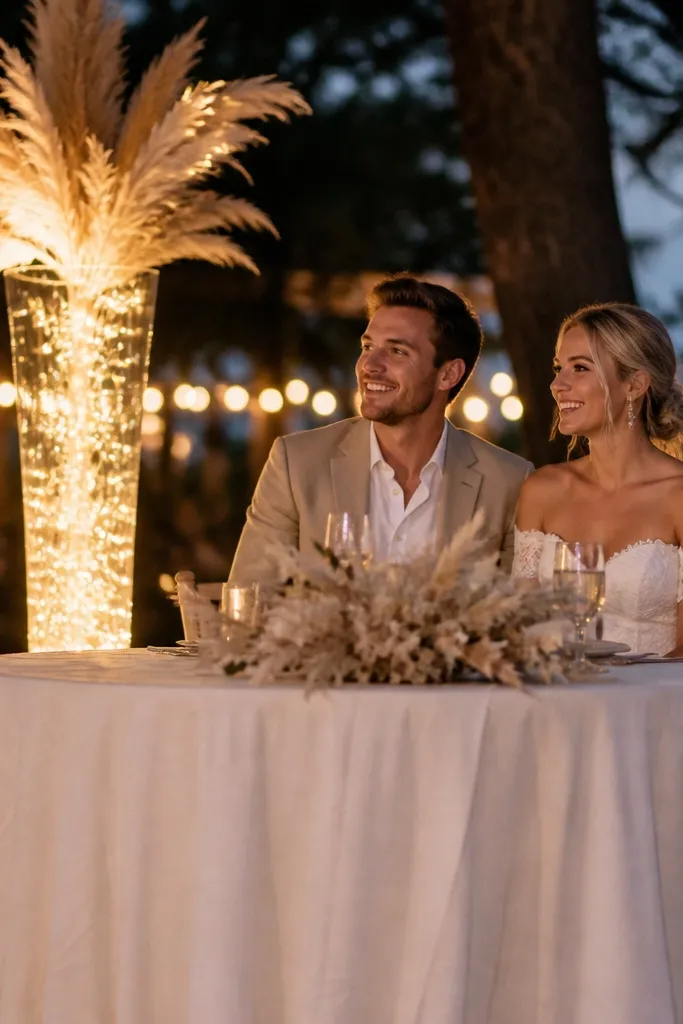 Warm string lights inside a tall floor vase behind sweetheart table