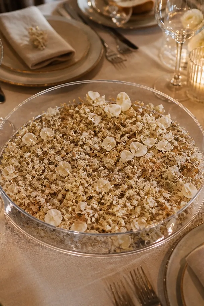 Clear bowl with dried petals and small stems on a sweetheart table