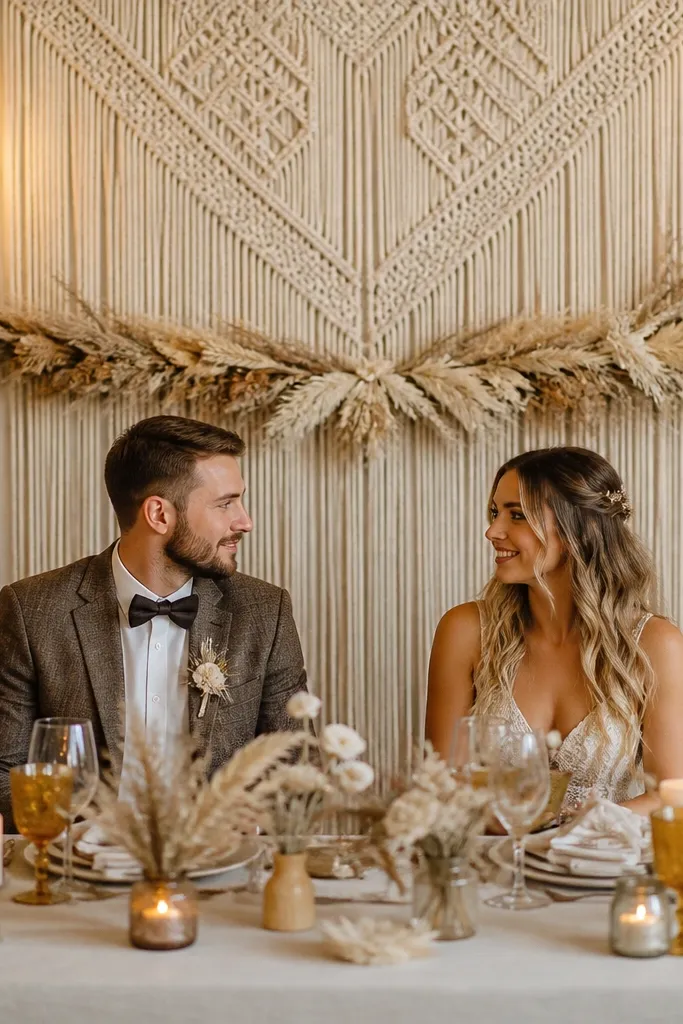 Macrame backdrop behind sweetheart table with a thin dried garland along the bottom