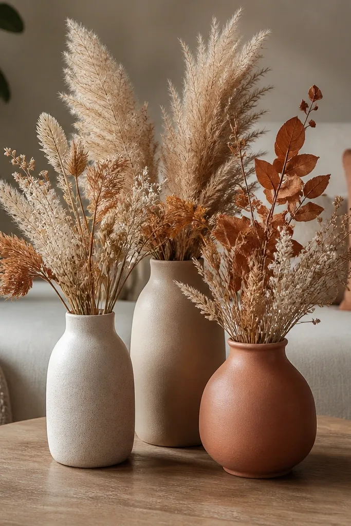 A bouquet-style dried arrangement in a neutral vase set on a sweetheart table