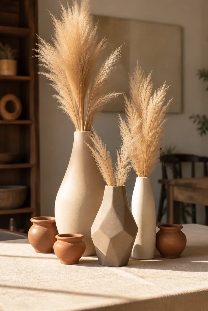 A trio of vases with pampas and small terracotta pots on a neutral table runner