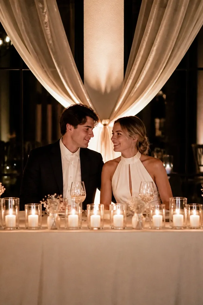 Clear acrylic tray with candles lined across the sweetheart table center