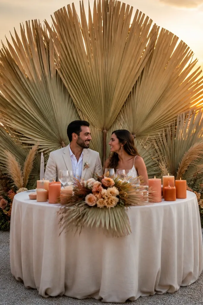 Dried palm frond fan behind sweetheart chairs with neutral florals at the base
