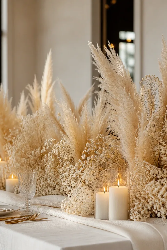Dried baby's breath-style filler mixed with pampas on a cream linen sweetheart table