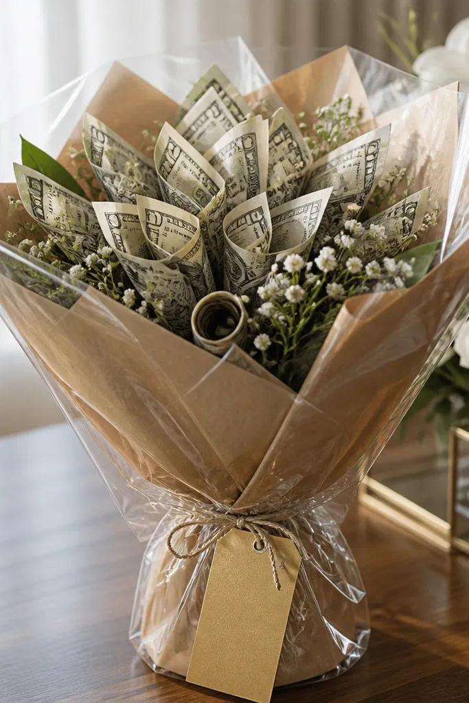 Money flowers made from folded bills wrapped in kraft paper and clear sleeve with ribbon