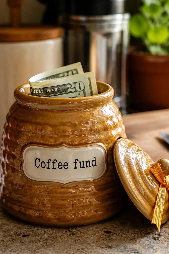 Small ceramic honey jar filled with folded cash and a white label