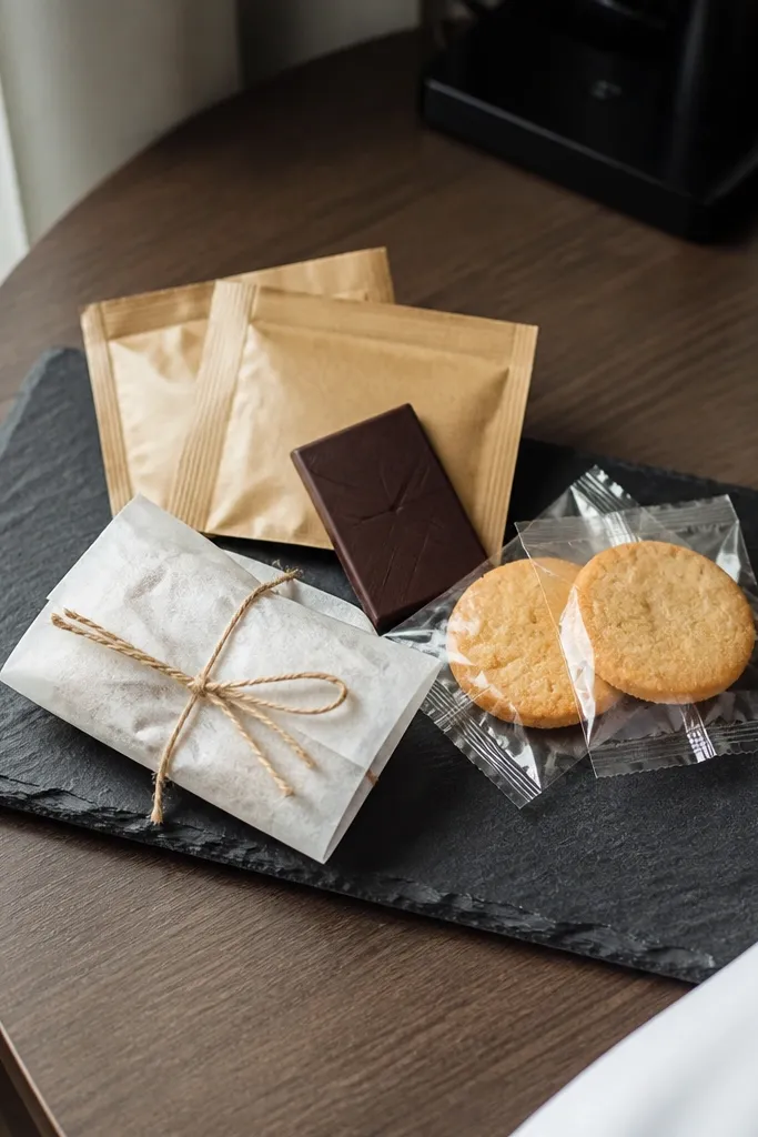 Small wooden board with snacks and a folded cash ticket tied with twine