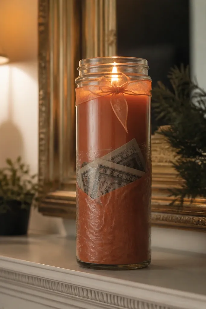 Tall glass jar candle with folded cash tucked under colored paper layer