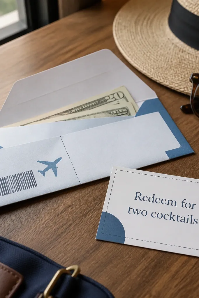 Envelopes styled like boarding passes with cash and a date night card