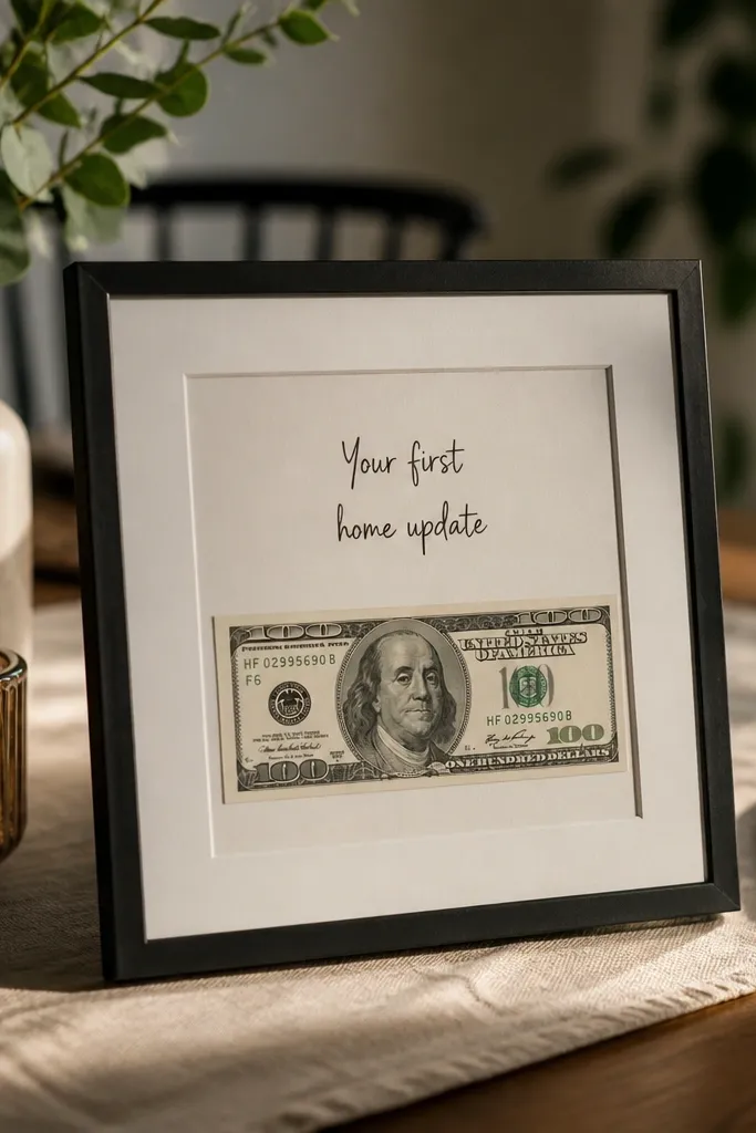 Small frame with handwritten note and a cash strip tucked behind the glass