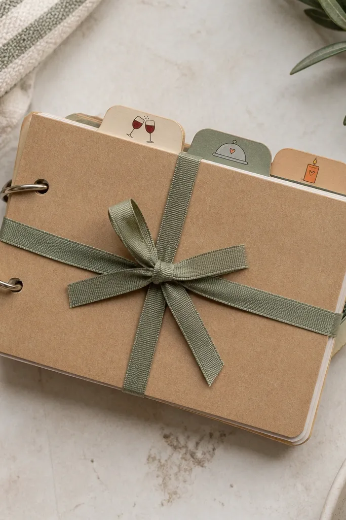 Stack of recipe cards wrapped like a mini cookbook with cash tied on the side
