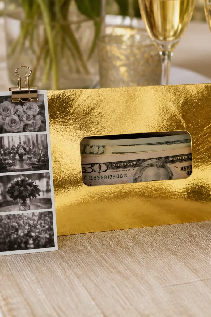 Gold foil ticket strip envelope with cash inside and a small strip attached