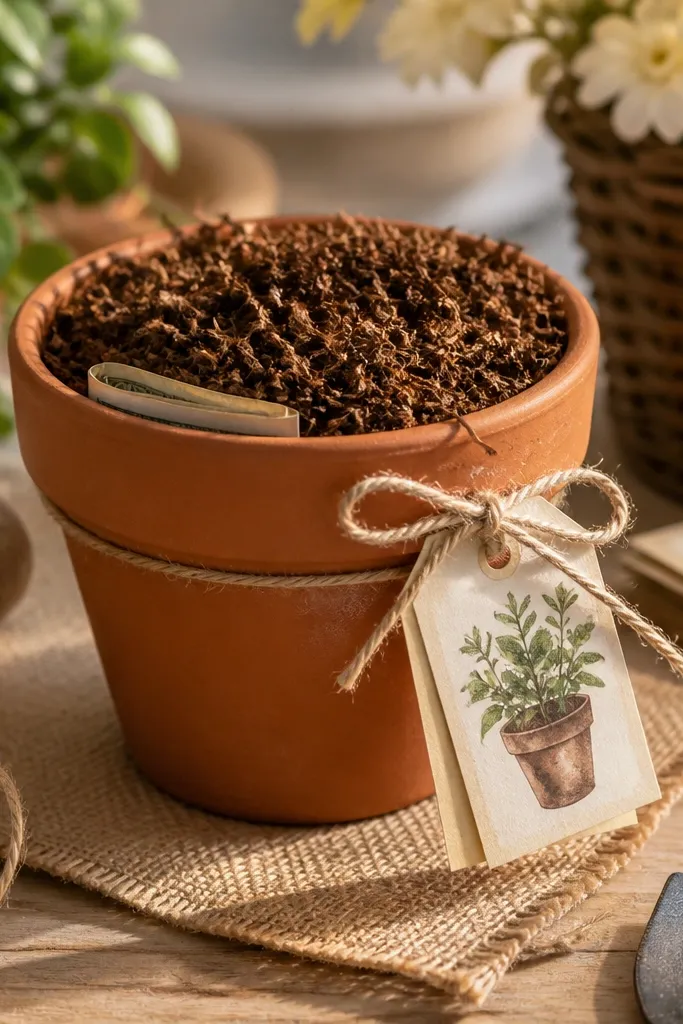 Small terracotta planter with folded cash labeled like seed packets