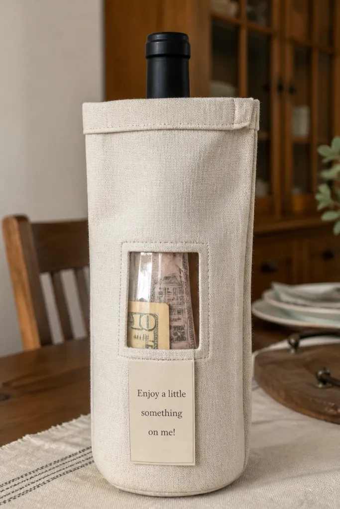 Wine bottle wrapped in fabric sleeve with a clear window showing folded cash