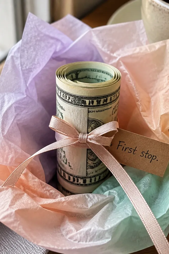Pastel tissue wrap around a cash cylinder tied with ribbon and tag