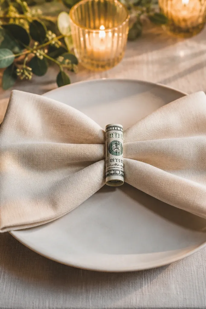 Cream linen napkin wrapped into a bow shape with cash folded inside