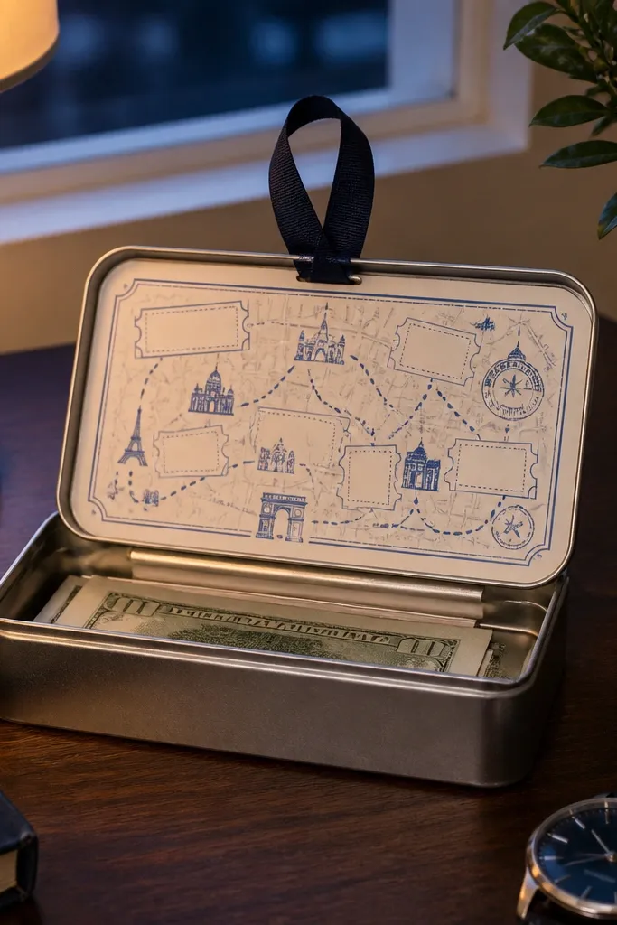 Small metal tin labeled date night with ticket map paper and folded cash