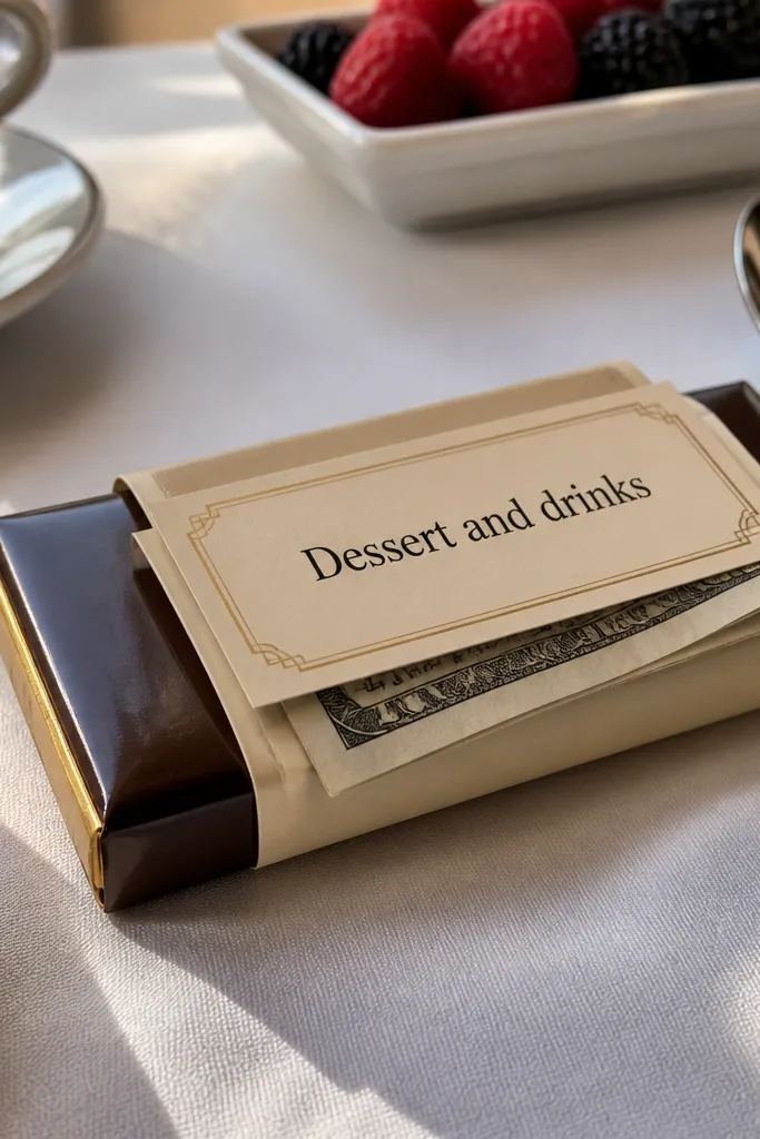 Chocolate bar wrapped with a custom label and folded cash tucked underneath