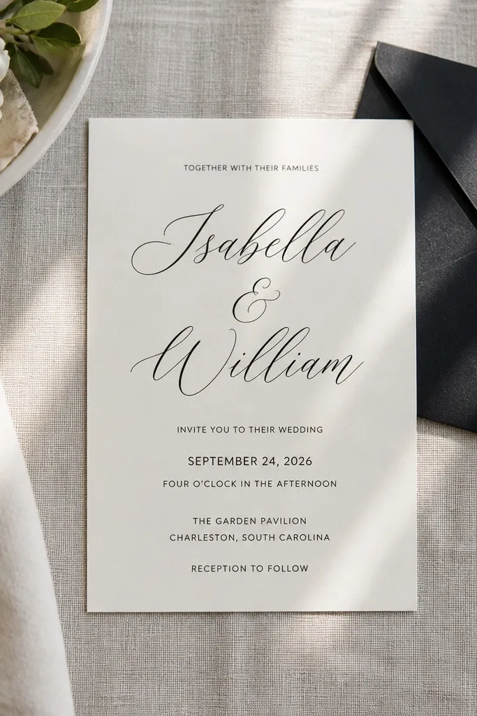 Centered black script names on cream background with a simple date line