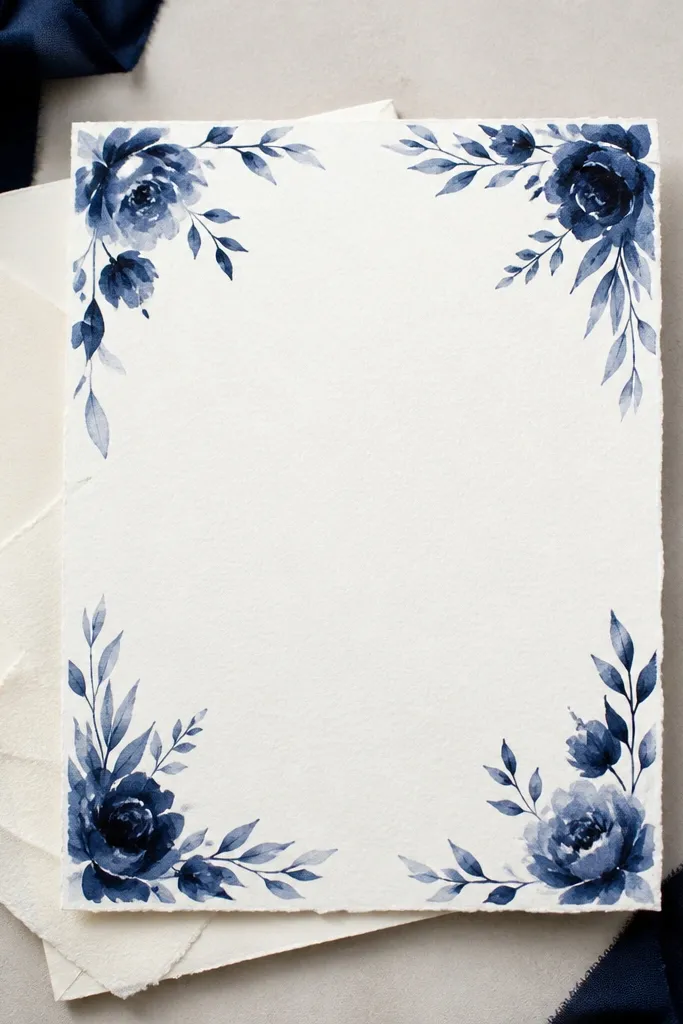 Navy watercolor floral accents in the top corners with white center text