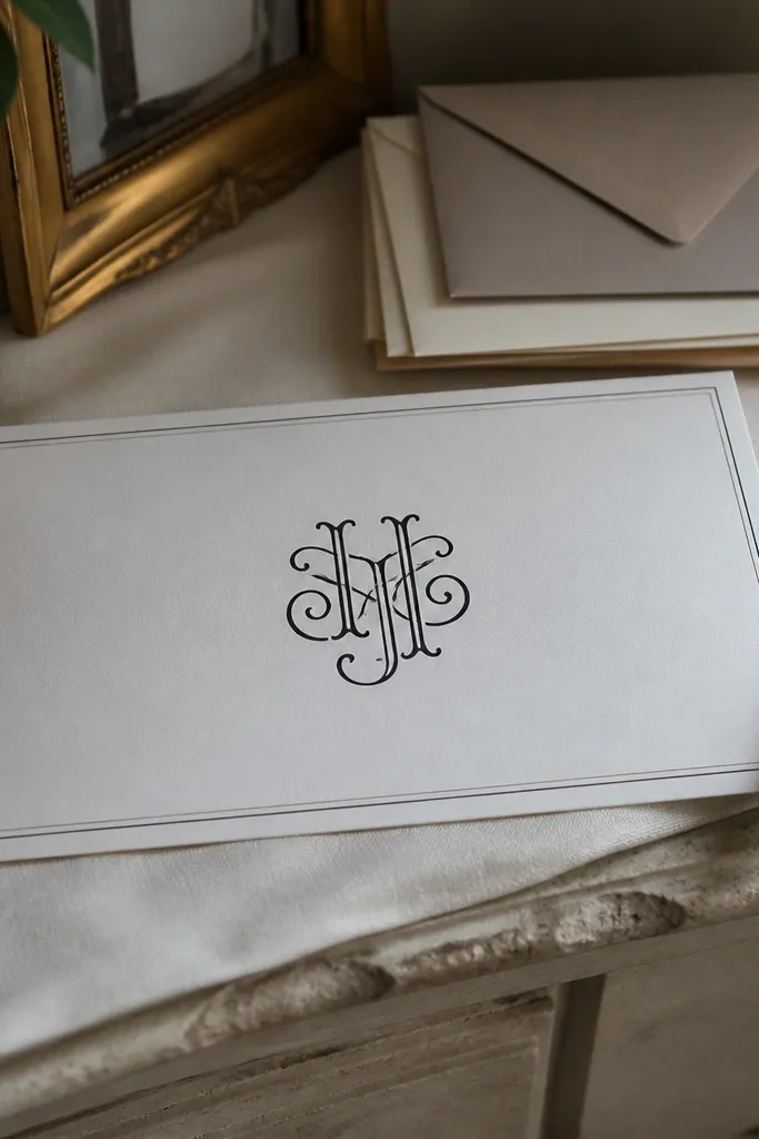 Thin line border with a large monogram in the center