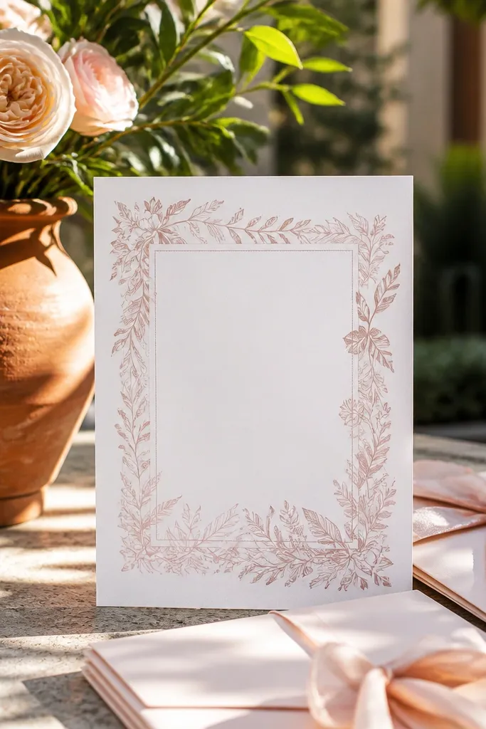 Soft blush botanical wreath around the edges with white center