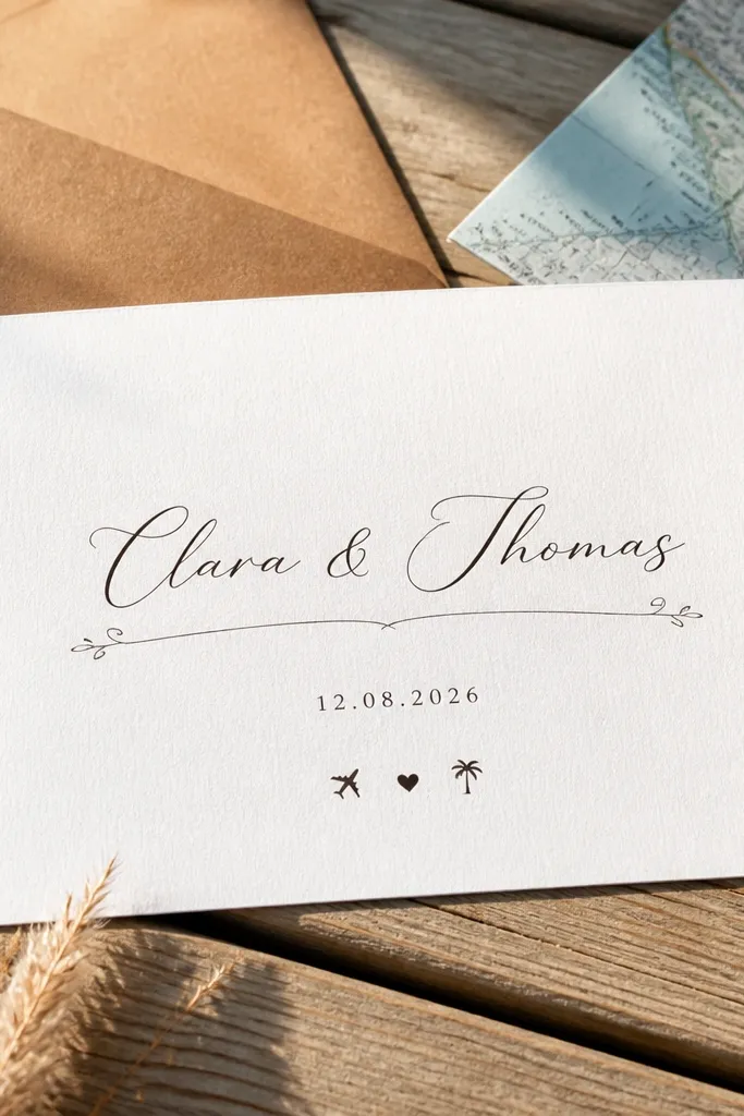 Minimal invitation with a calligraphy divider line and centered text