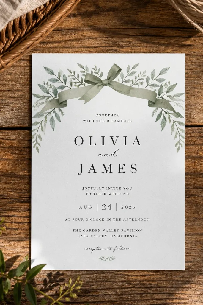 Greenery leaves with a banner strip across the top and centered names