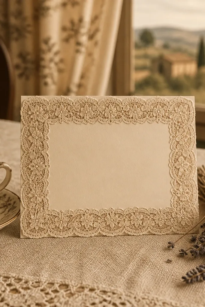 Warm sepia lace border with centered typography on off-white