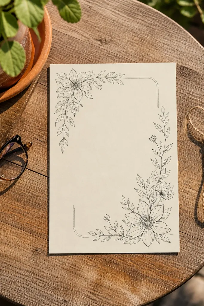 Black botanical line art with thin stems around a clean text center