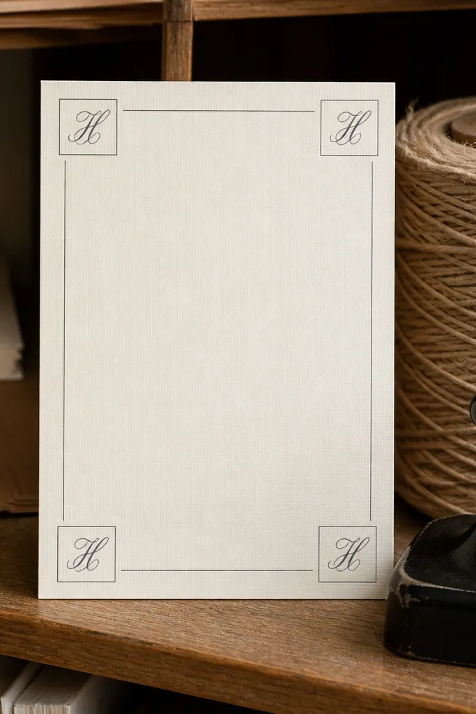 Small monogram letters in corner squares with clean center typography