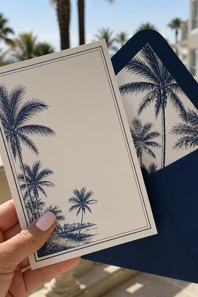 Navy text with palm line art corners on white background