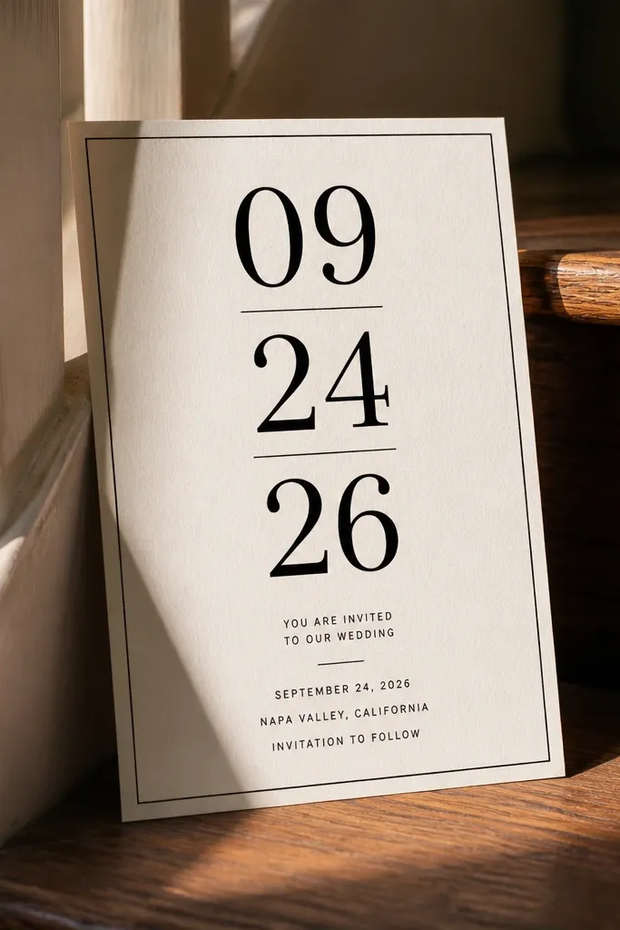 Thin frame with a large bold date in the middle and small details below