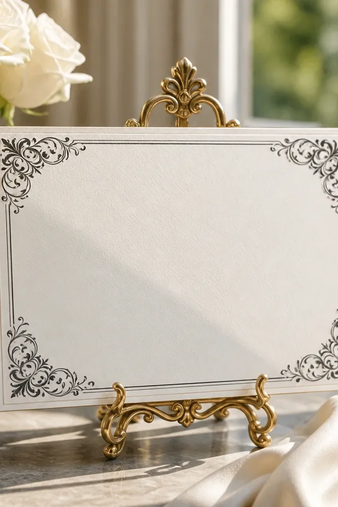 Black flourish corners with centered names and date on white