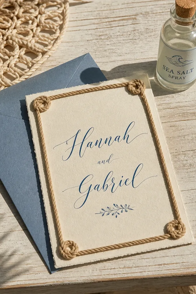 White invite with blue script names and a rope border around the edges