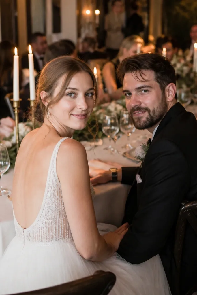 Couple standing beside a long table lined with taper candles and white linens