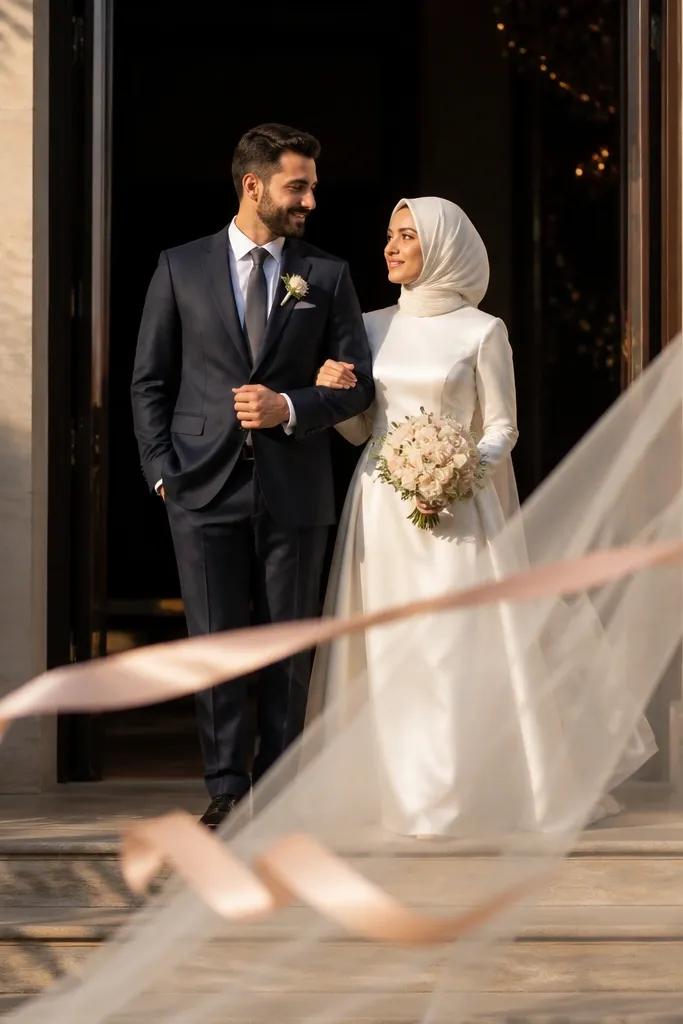 Bride holding a veil or ribbon wand while walking through a doorway