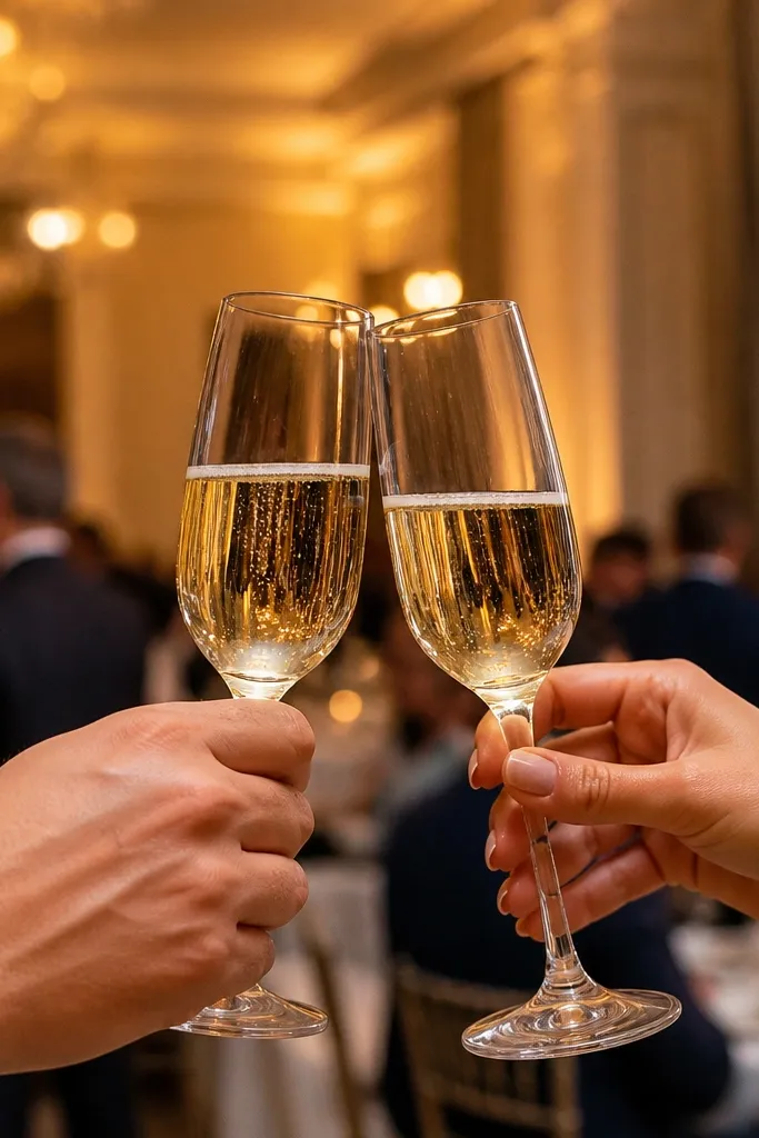 Glasses clinking with warm reflections and a soft crowd blur behind