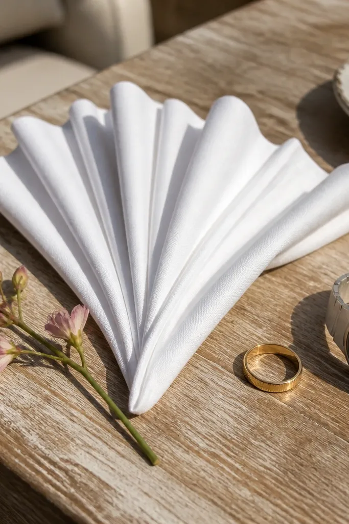 Flat lay of folded linen napkins with a wedding ring and small florals