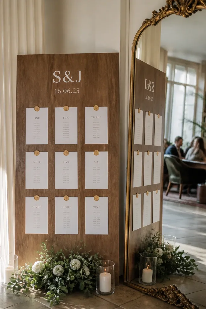 Couple standing near a mirror with wedding signage reflected behind