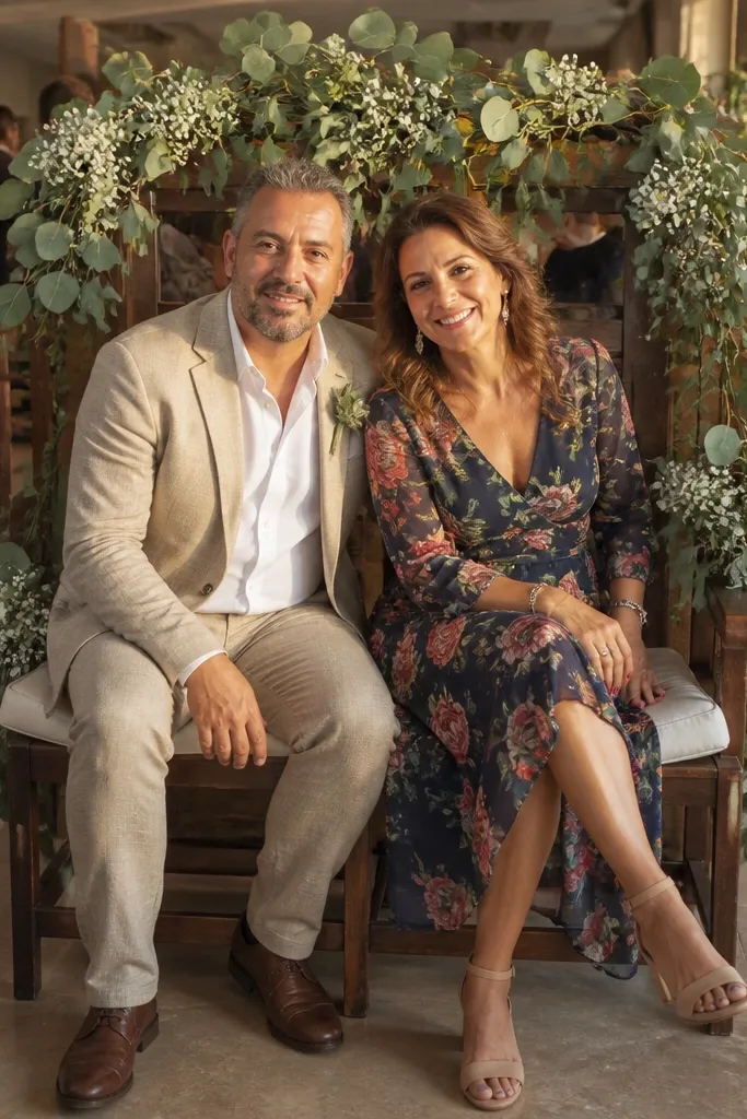 Couple seated beside a chair wrapped in greenery garland