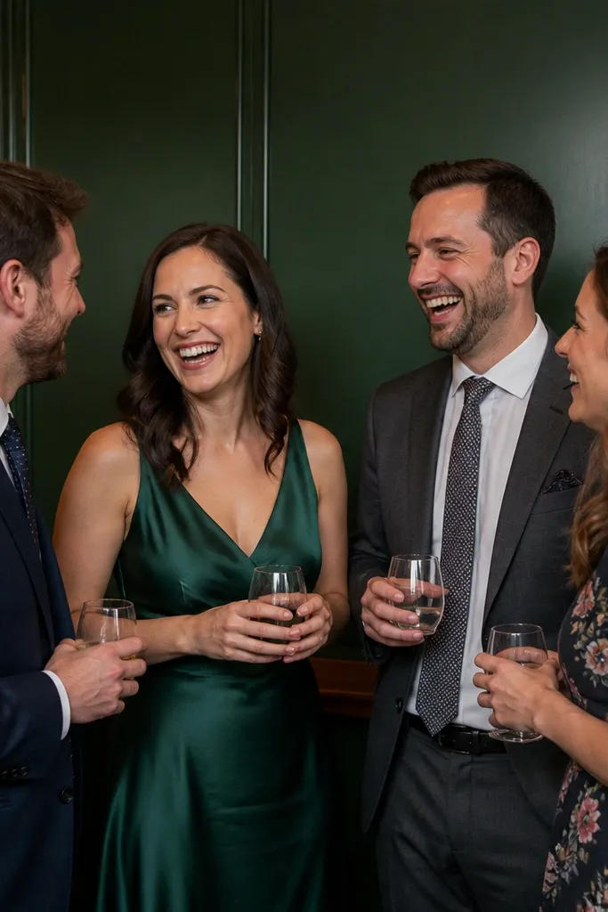 Couple laughing near the bar with a single colored wall background