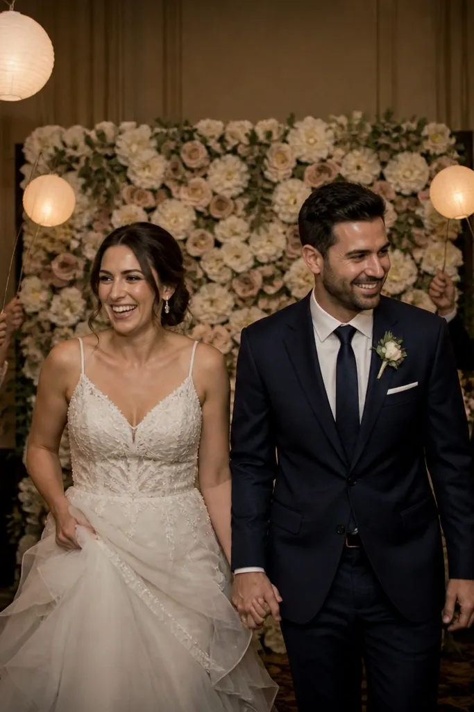 Bride and groom walking out in front of a simple floral panel backdrop