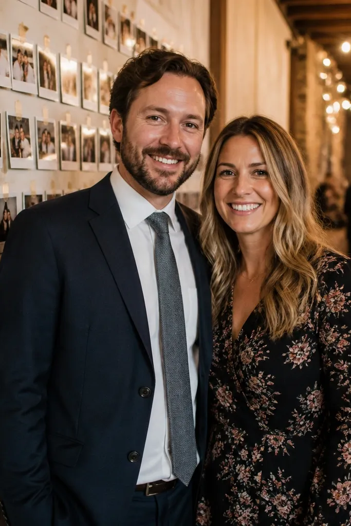 Couple standing in front of a card wall with framed cards