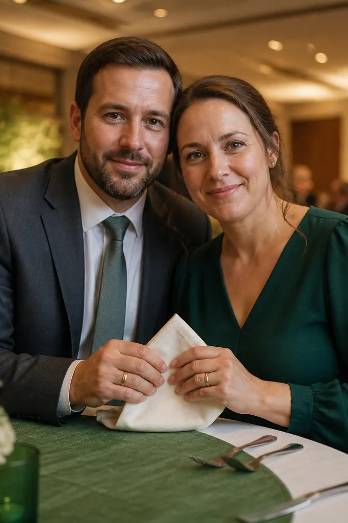 Couple holding a napkin on a table with a bold runner