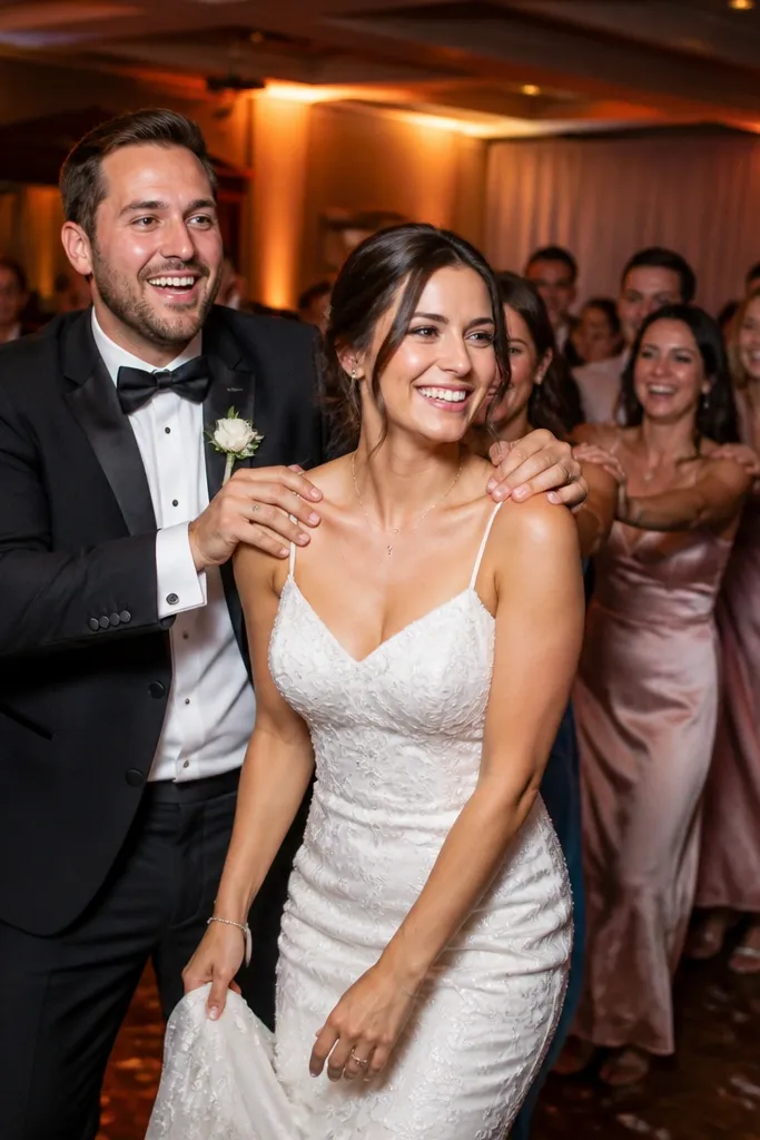 Couple leading a conga line through the reception with guests smiling