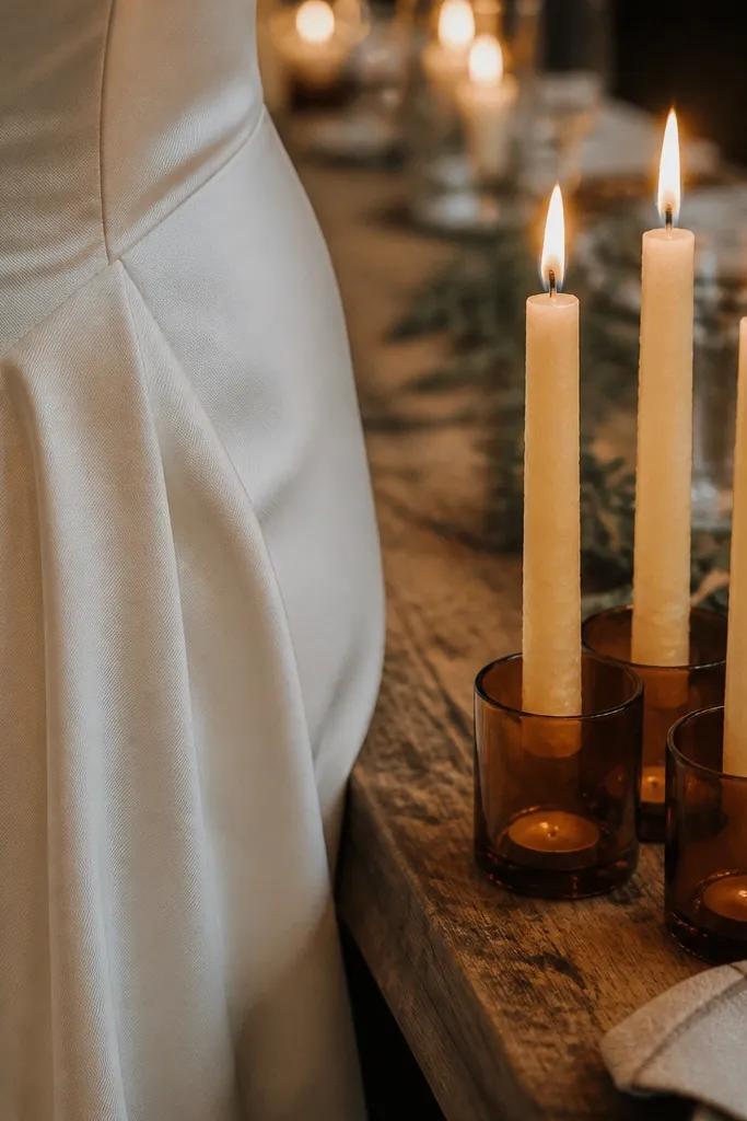 Bride's dress fabric beside candlelight with soft in the background