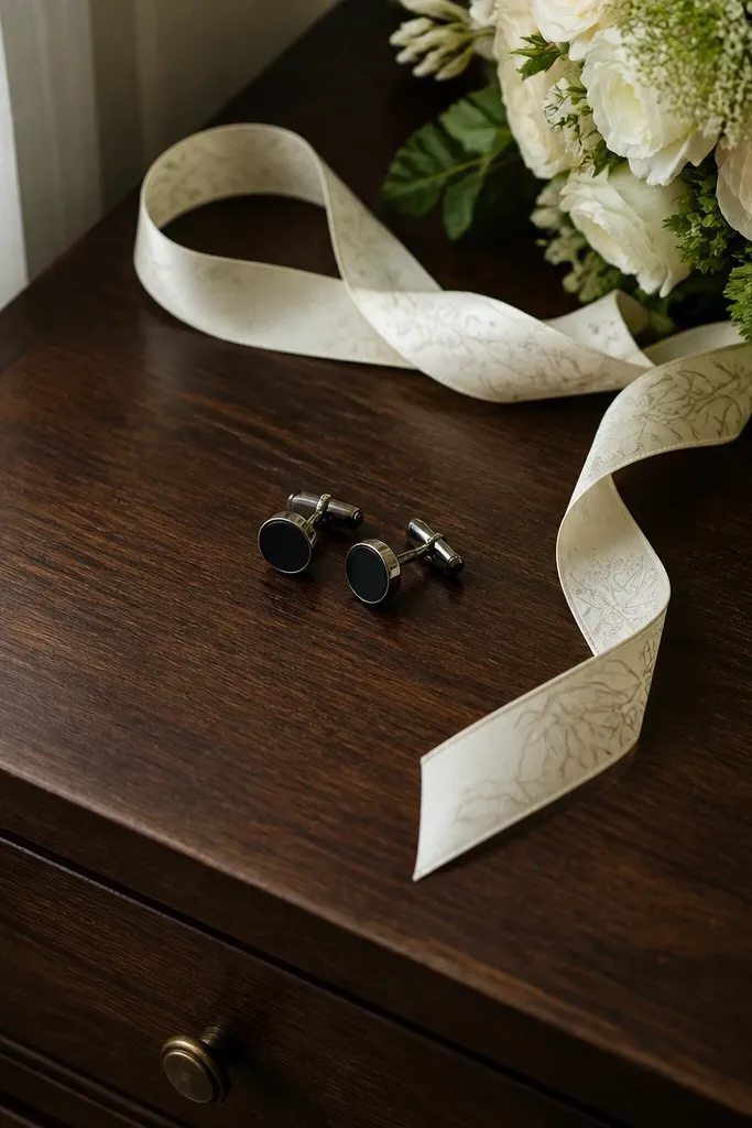 Groom's cufflinks beside a bouquet ribbon laid neatly on a dark surface