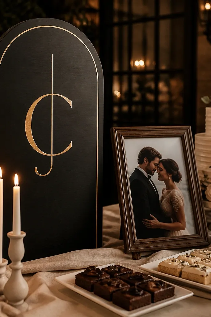 Couple portrait near a monogram sign lit by warm candles