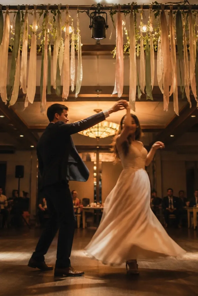 Couple slow spinning on the dance floor under hanging garlands